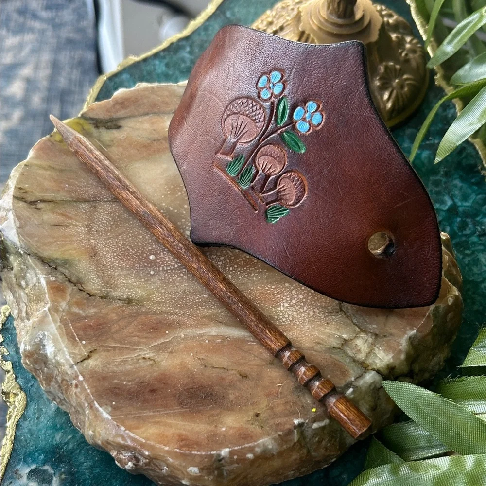 Vintage Handcrafted Leather and Wooden Hair Stick Slide Barrette